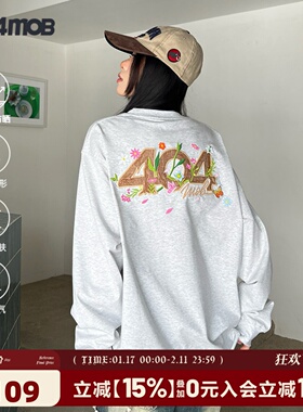 404MOB美式复古花卉刺绣长袖T恤男女款2025秋季新款潮牌宽松上衣