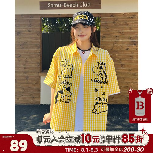 404MOB毛巾绣可爱小猫格子衬衫