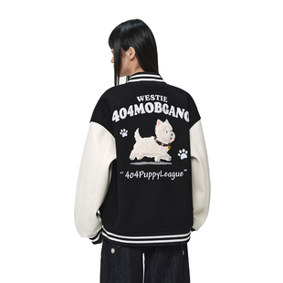 404MOB可爱毛绒小狗刺绣2025棒球服外套男女美式 宽松学院设计夹克