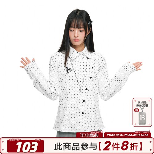 404MOB不对称斜襟波点长袖衬衫秋季复古百搭翻领修身刺绣上衣女