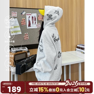 抗菌高街情侣帽衫 404MOB重工纯色蝴蝶刺绣连帽卫衣美式 明星同款