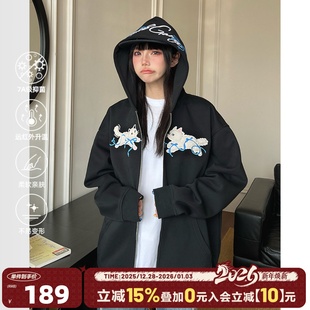 宽松国潮流情侣帽衫 404MOB立体毛绒小猫刺绣连帽开衫 卫衣女春秋装