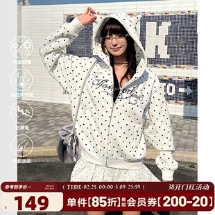 春秋加绒厚外套 短款 404MOB刺绣可爱耳朵复古波点连帽开衫 卫衣女款