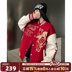 404MOB马年2026夹棉加厚毛巾绣红色棒球服男女美式宽松情侣外套潮
