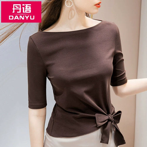 丹语 Осенняя футболка, ремень с бантиком, городской стиль, открытые плечи