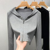 女灰色长袖 小个子短款 休闲外套春季 拉炼炼连帽运动衫 新款 女0202w