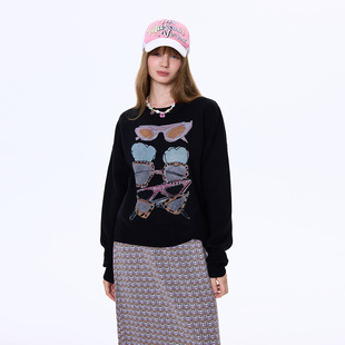 「Damskeen」24AW秋冬新款 趣味墨镜图案印花落肩圆领针织毛衣