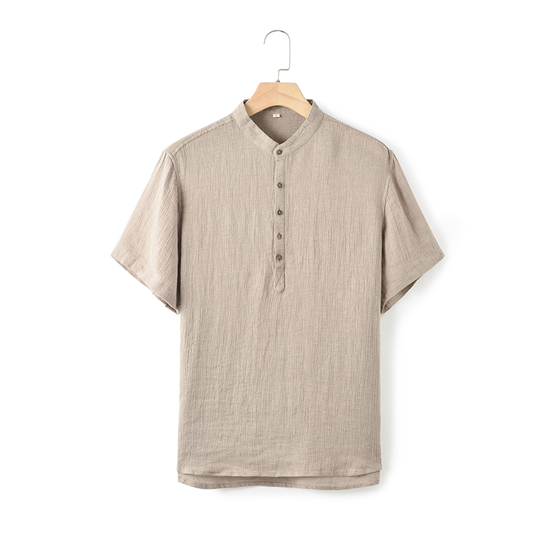 萨法瑞立领短袖亚麻透气时尚衬衫