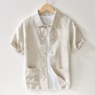亚麻衬衫男新款休闲薄款短袖棉麻灰色衬衣港风上衣男士外套夏季潮