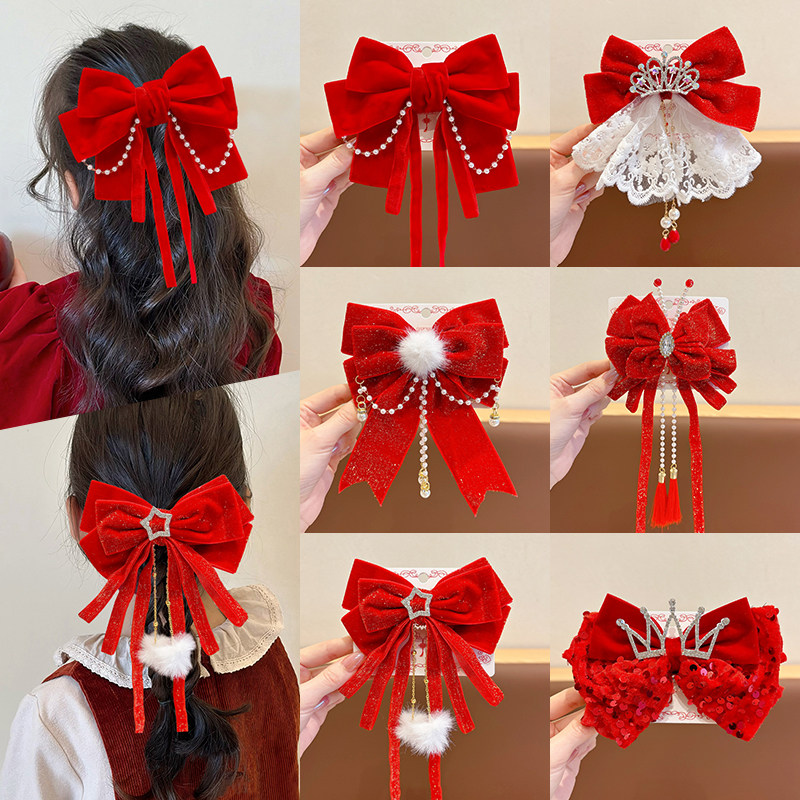 丝绒飘带蝴蝶结皇冠发夹儿童女