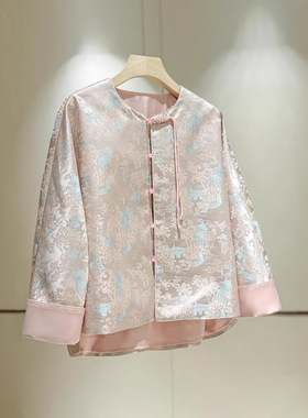 wksz2077温柔粉色新中式外套女2025夏季新款圆领宽松流苏盘扣上衣