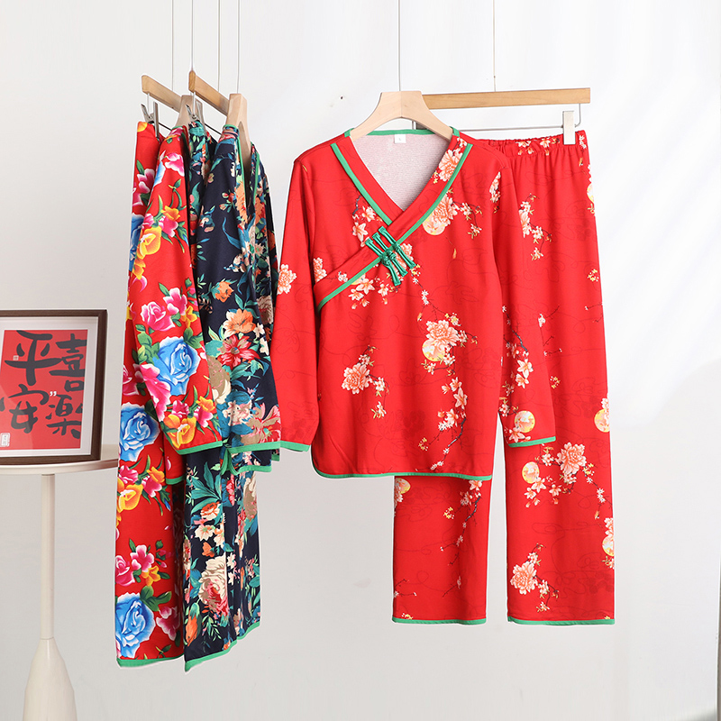 冬季德绒保暖网红同款东北大花睡衣套装女民族风盘扣家居服两件套