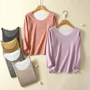 德绒无痕保暖内衣女圆领秋冬新款修身打底衫加绒加厚秋衣秋裤毛衫