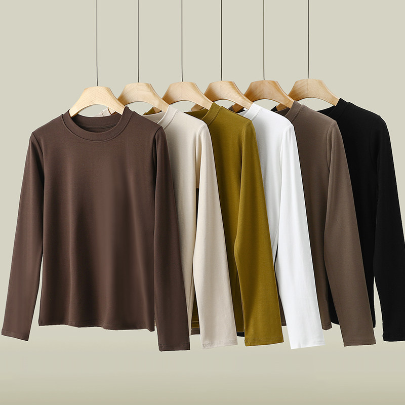 春秋莫代尔螺纹圆领打底衫女简约内搭修身显瘦长袖t恤女百搭上衣