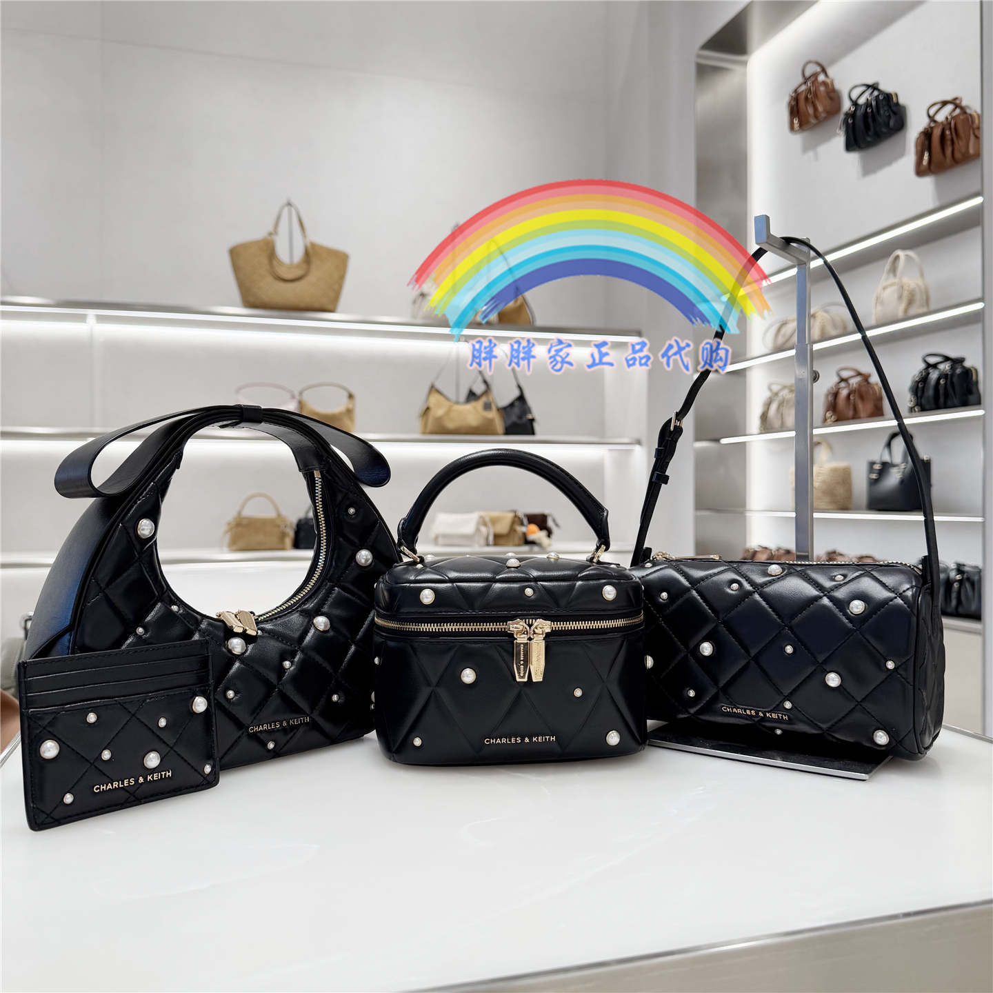 小CK菱格珍珠蝴蝶结单肩斜挎包