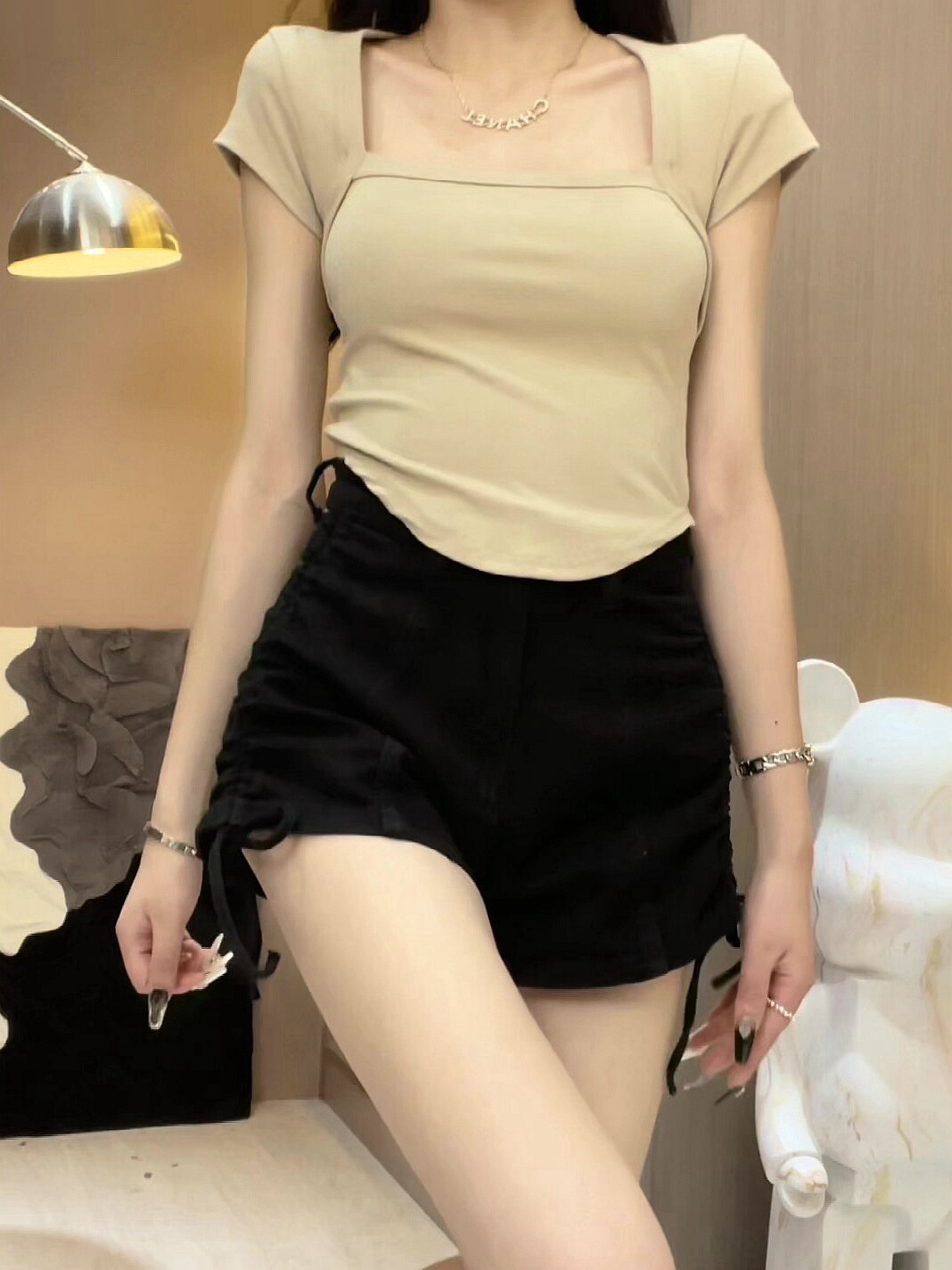 HOT GIRL SQUARE NECK SLIM PURE LUST SHORT SLEEVE T-SHIRT WOMENS SUMMER 2024 SHORT BANDEAU TIGHT WESTERN TOP INS TIDE