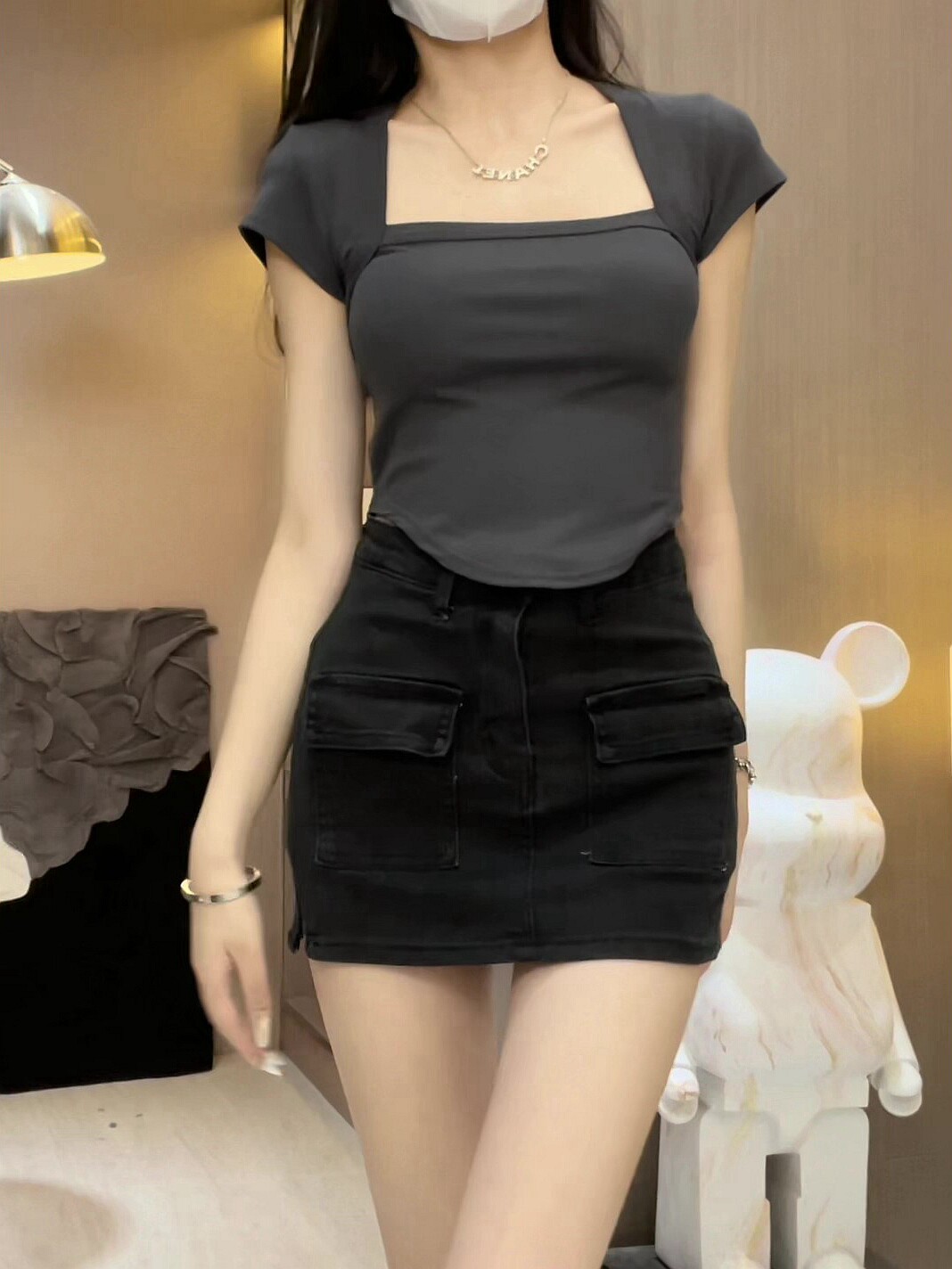 HOT GIRL SQUARE NECK SLIM PURE LUST SHORT SLEEVE T-SHIRT WOMENS SUMMER 2024 SHORT BANDEAU TIGHT WESTERN TOP INS TIDE