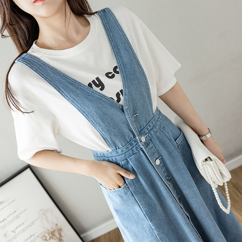 Real shot of casual versatile denim overalls mid-length slim dress for women