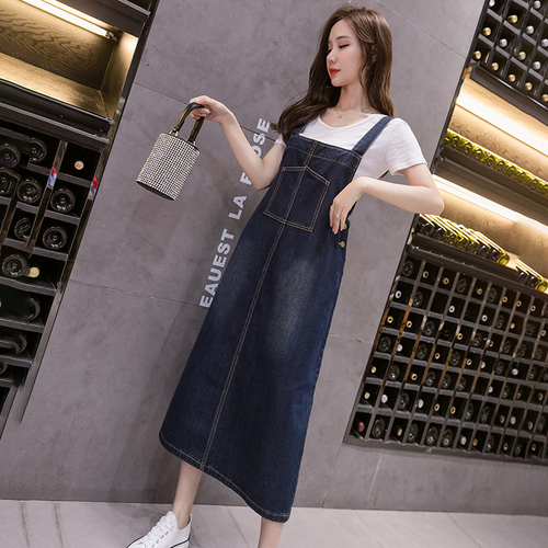 Real shot of fat girl 200 pounds sweet dress French style first love summer mid-length denim suspender skirt for women