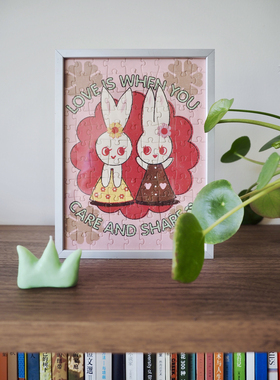 富富 「我爱你兔」拼图贺卡 原创复古插画闺蜜情侣创意礼物七夕