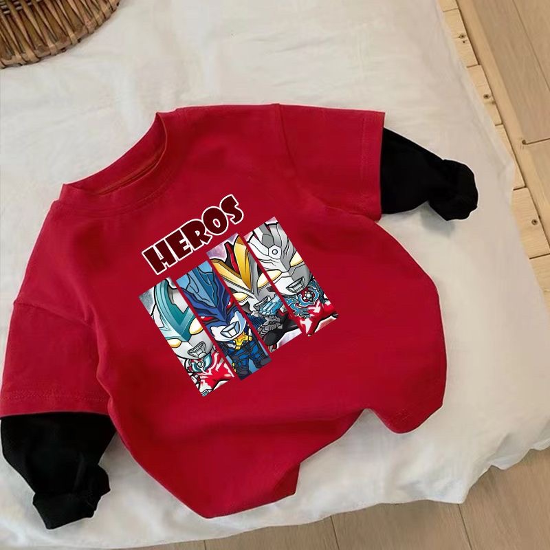 男童春秋新款奥特曼红色长袖T恤宝宝韩版卡通假两件上衣打底衫潮