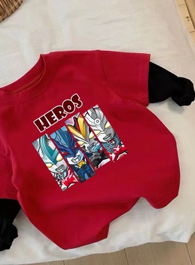 男童春秋新款奥特曼红色长袖T恤宝宝韩版卡通假两件上衣打底衫潮