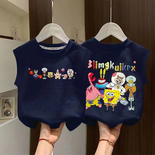 男童美式 t恤夏季 新款 圆领纯棉背心中大童T恤 纯棉海绵宝宝卡通无袖