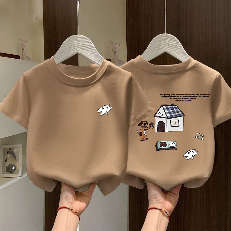 小狗字母印花纯棉短袖T恤男女童时尚韩版宽松休闲透气舒适上衣服