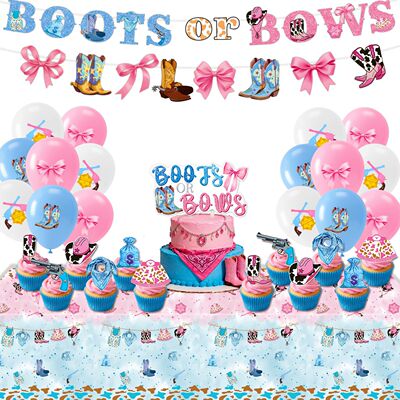 蓝粉牛仔主题Gender Reveal Party性别揭示洗礼派对装饰拉旗布置