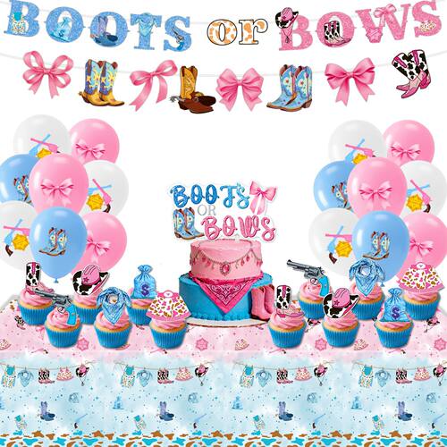 蓝粉牛仔主题Gender Reveal Party性别揭示洗礼派对装饰拉旗布置