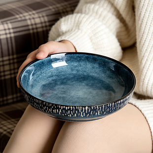 微瑕疵窑变釉8英寸深盘大号菜盘陶瓷盘子家用大菜碗饭盘复古餐具