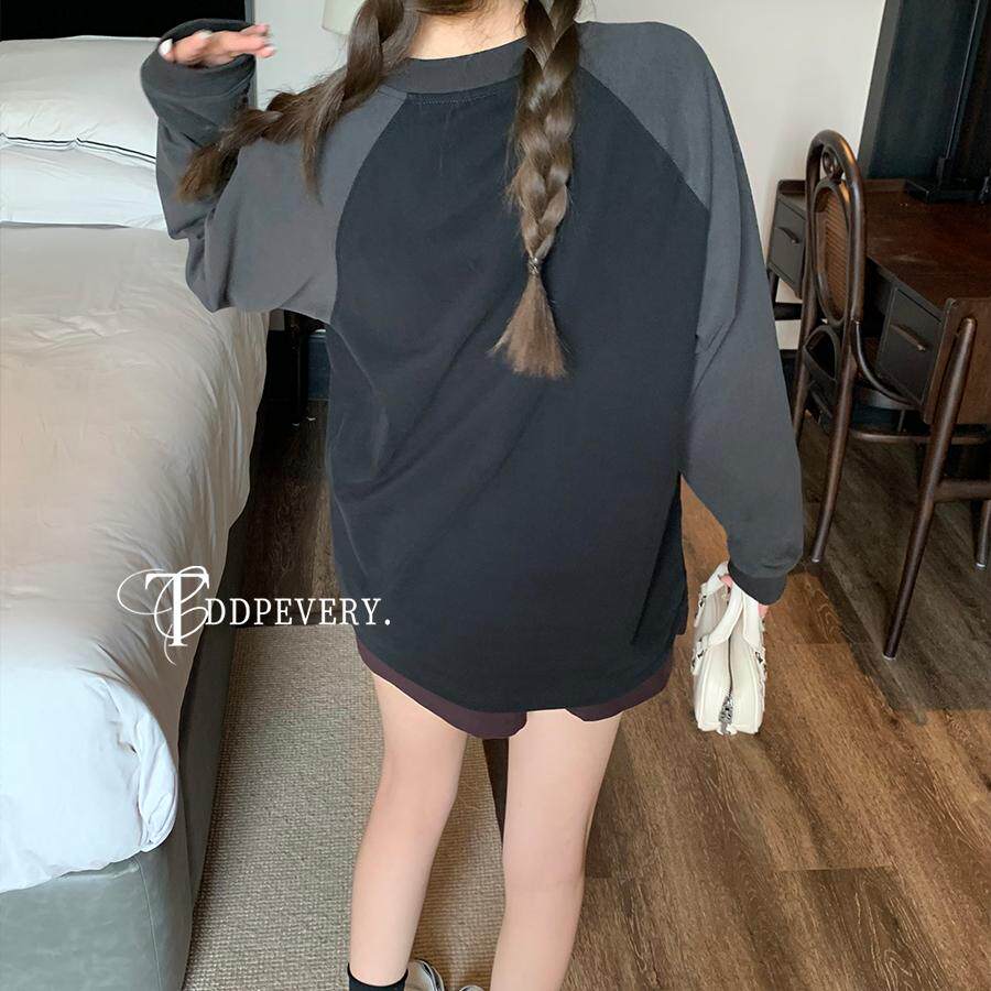 TDDP复古撞色长袖T恤女插肩袖