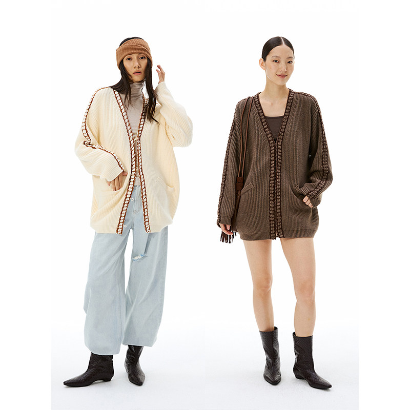 TDDP【yigenana同款】丝光羊毛 重工手工钩边开衫毛衣外套女秋季