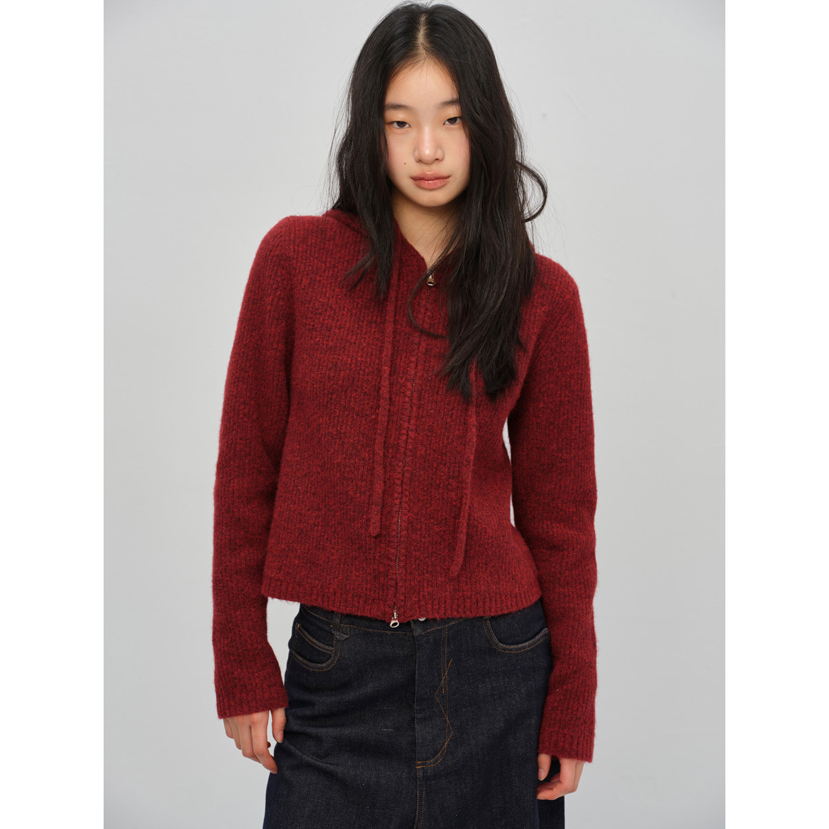 TDDP 基础款连帽拉链针织开衫短款毛衣女秋季修身简约慵懒风外套