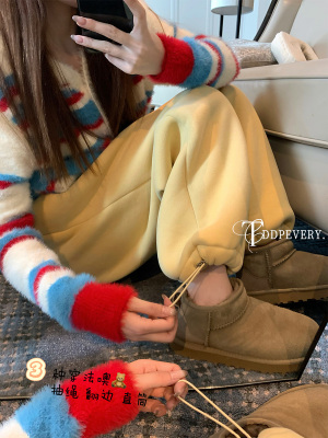 TDDP 羊羔绒休闲卫裤女2025年新款冬季加绒加厚束脚裤阔腿长裤子