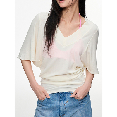 TDDP“雾镜”天丝羊毛微透v领短袖T恤女2026新款夏季蝙蝠袖上衣