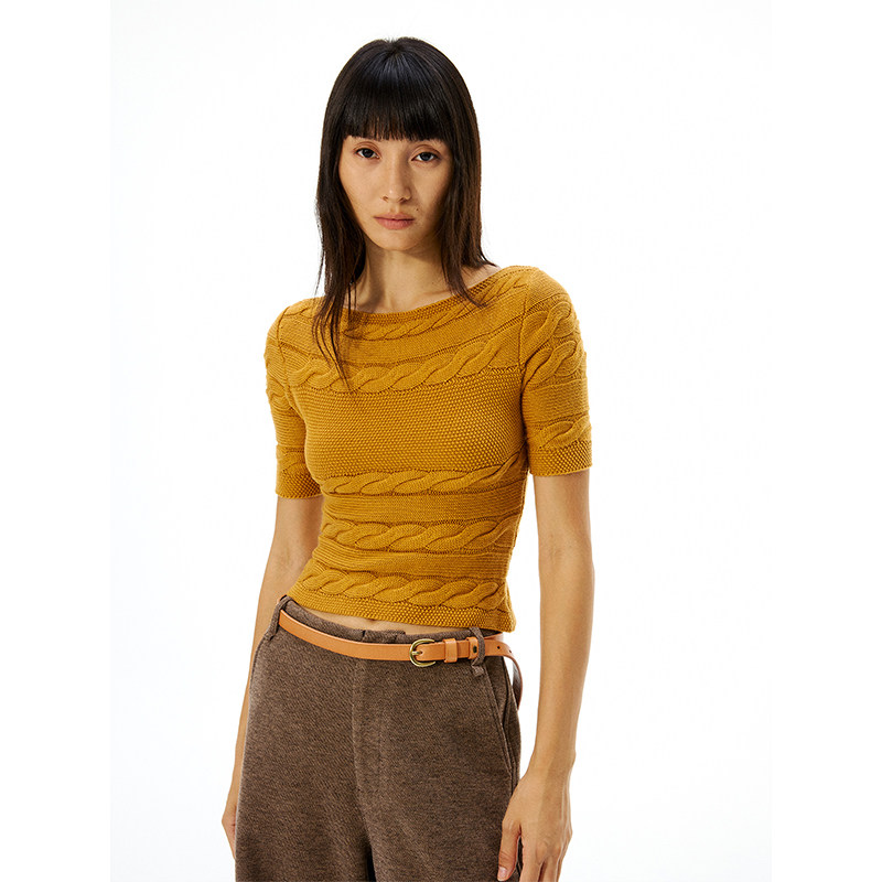 TDDP 丝光羊毛 一字肩短袖麻花毛衣女2025新款早秋叠穿收腰针织衫