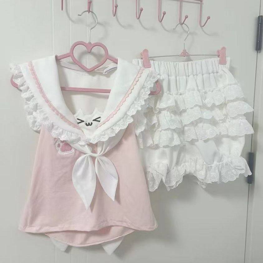 thumbnail for Japanese cute Yabi culture cute navy collar backback vest cat's paw embroidered sweet y2k bow top