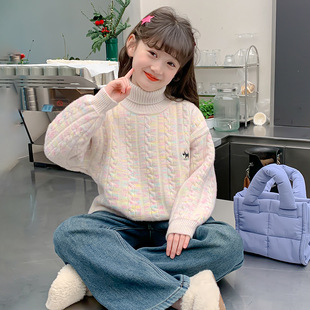女童加绒加厚半高领毛衣儿童内搭打底衫中大童秋冬上衣针织毛线衣