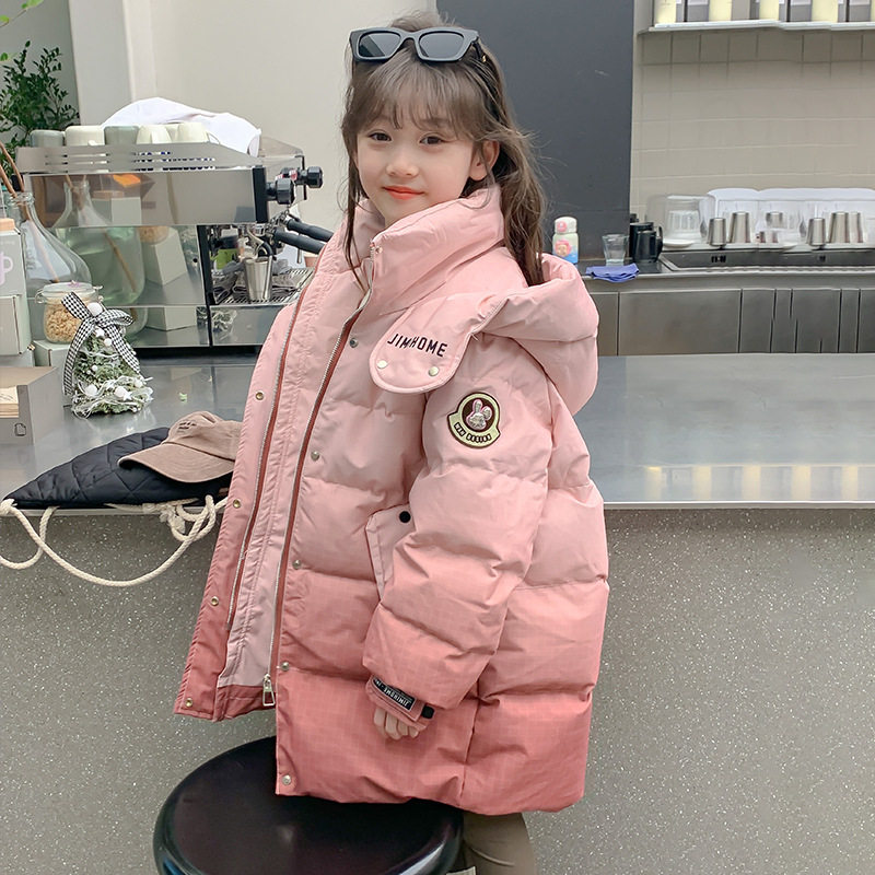 女童时髦渐变色羽绒棉服中长款外套中大童女装冬季加厚连帽棉袄子