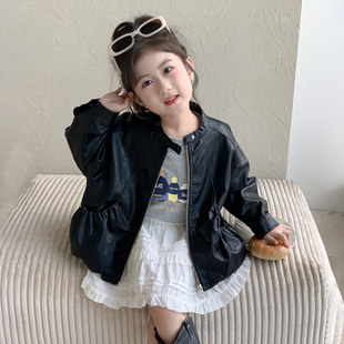 女宝宝黑色皮衣外套春秋季儿童韩版棒球服时髦夹克上衣女童机车服