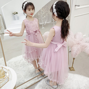 儿童洋气礼服公主裙子女童前短后长连衣裙夏季女孩燕尾裙蓬蓬纱裙