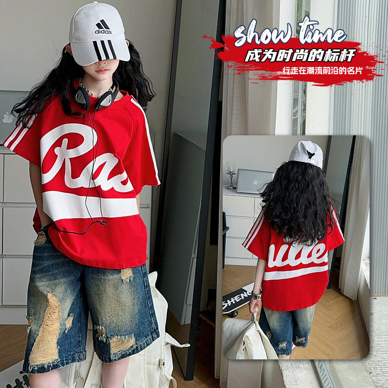 女童夏装短袖T恤破洞牛仔七分裤