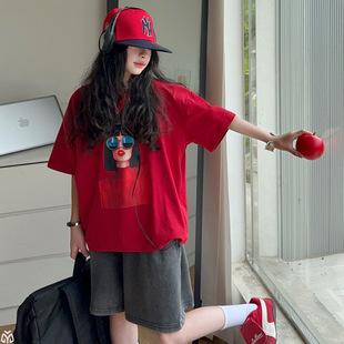 女童红色T恤短袖衫女大童夏薄款牛仔马裤女孩宽松上衣五分短裤子