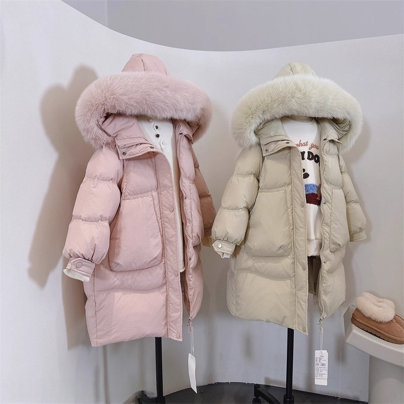 女童大毛领连帽羽绒棉服2025秋冬