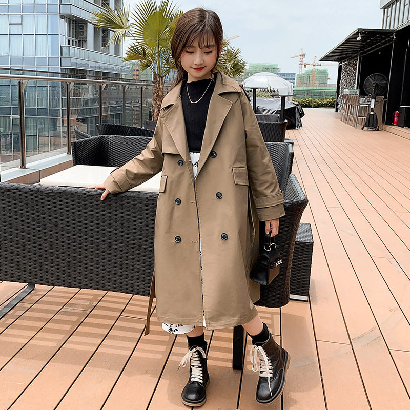 女童双排扣风衣卡其色英伦风外套
