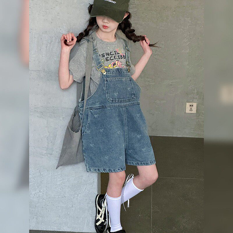 女童夏装牛仔背带裤套装女孩休闲连体裤子中大童吊带短裤薄款马裤
