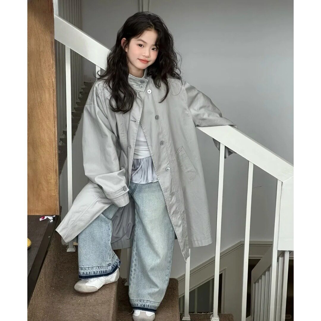 女童英伦风休闲风衣春秋2026新款女大童高级感立领外套灰色上衣薄