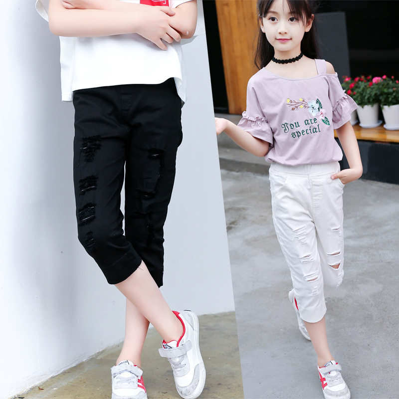 女童纯棉七分裤黑白色夏薄款马裤