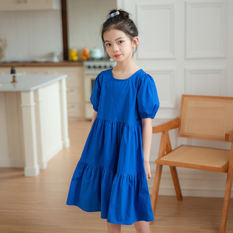 女童克莱因蓝泡泡短袖连衣裙大龄女孩夏装蛋糕裙纯棉简约大方裙子